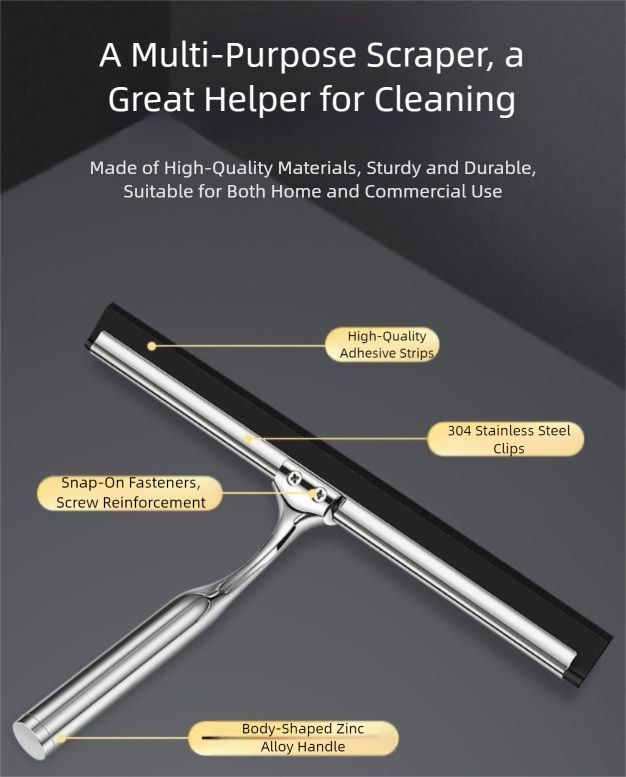 Silver Premium Stainless Steel Shower Squeegee with Adhesive Hook Holder view 2