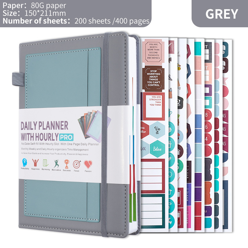 Grey A5 PU Leather Agenda for Productivity & Time Management-Undated Daily & — image 1