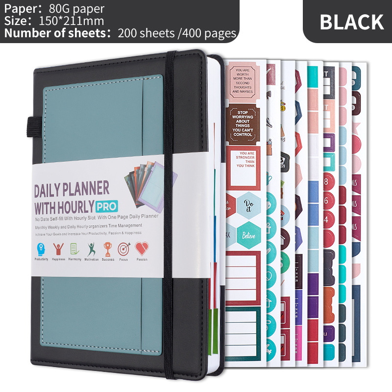Black A5 PU Leather Agenda for Productivity & Time Management-Undated Daily & — image 1