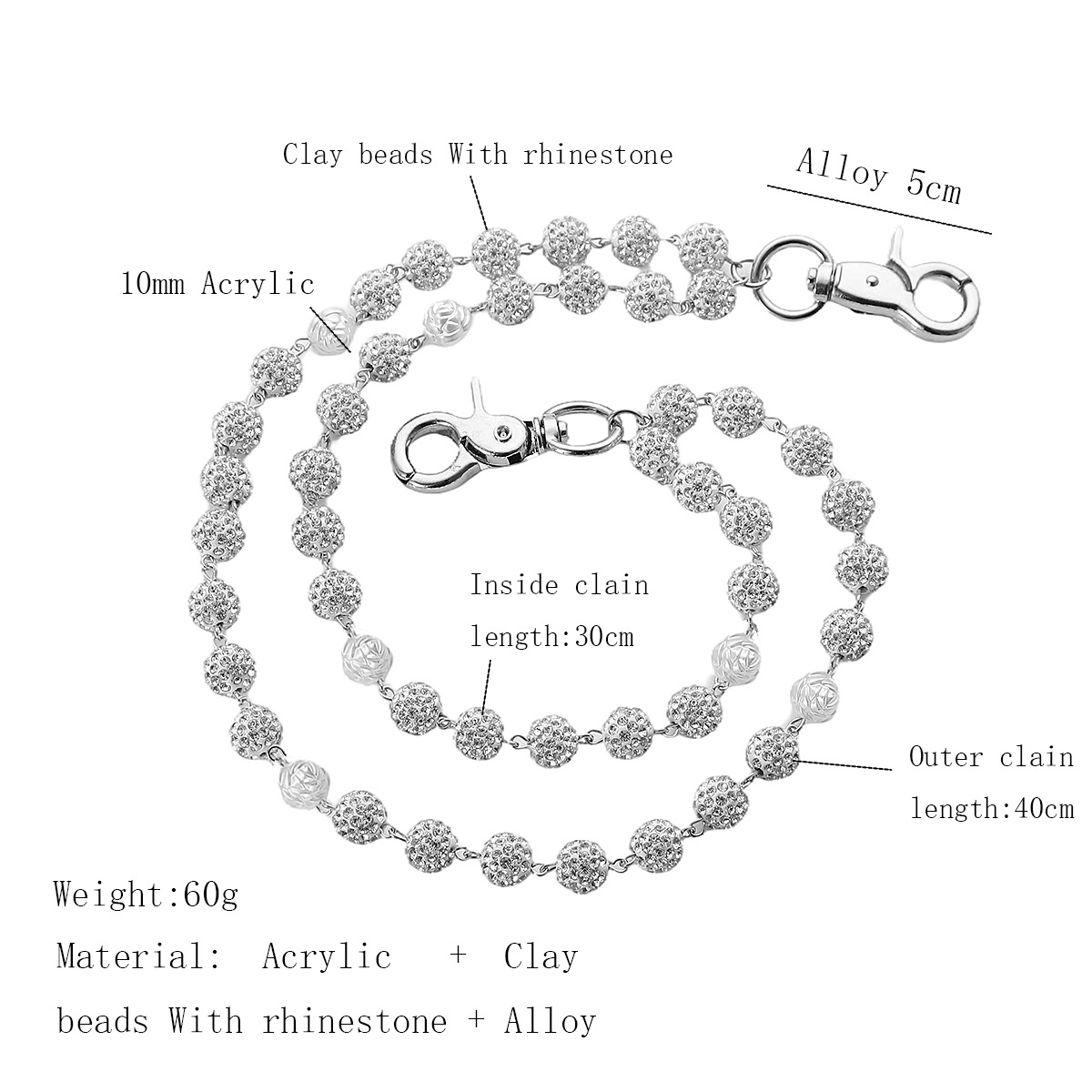 Silver and White Bling Rhinestone Beaded Wallet Chain - Double Layer Hip Hop view 2