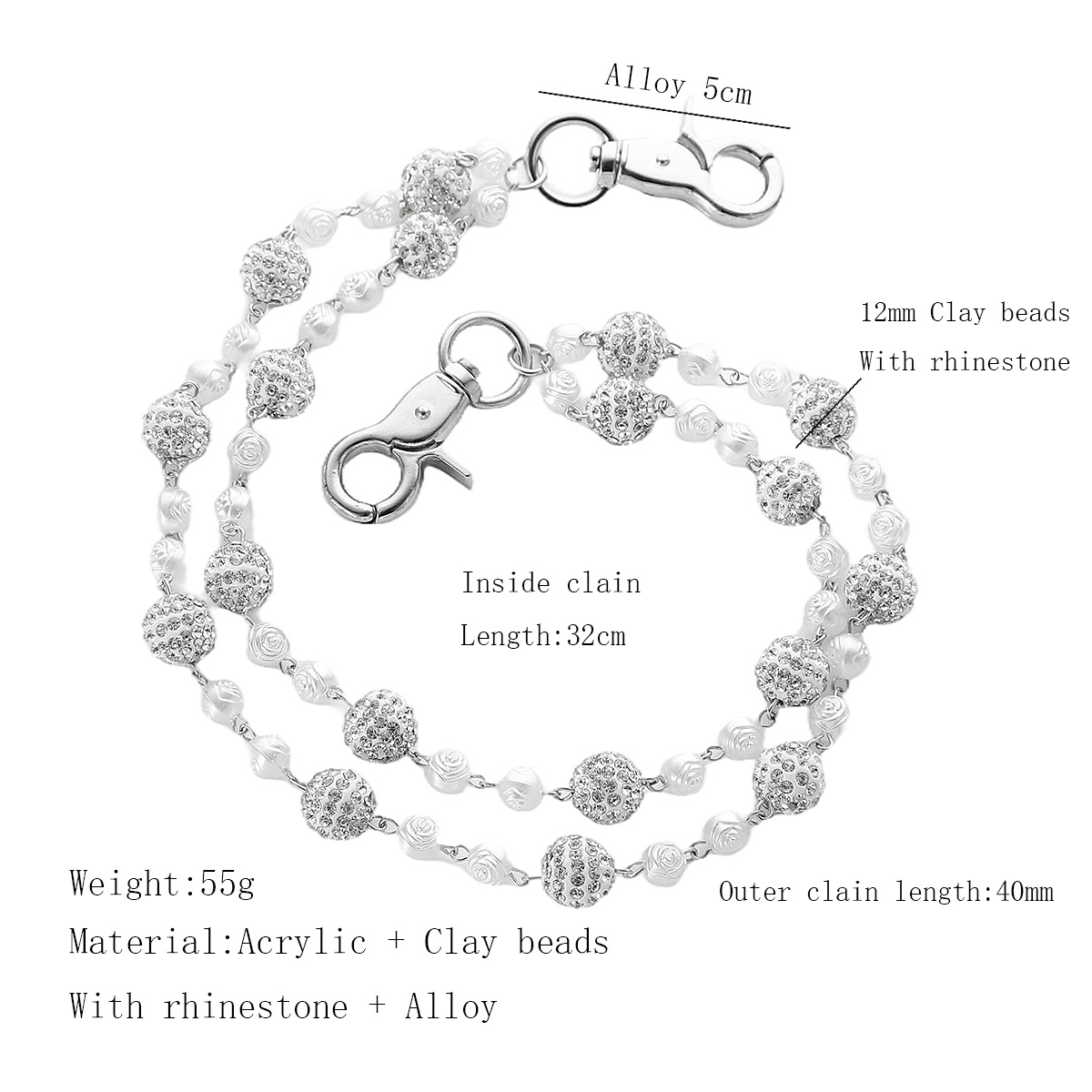 Silver and White Bling Rhinestone Beaded Wallet Chain - Double Layer Hip Hop view 2