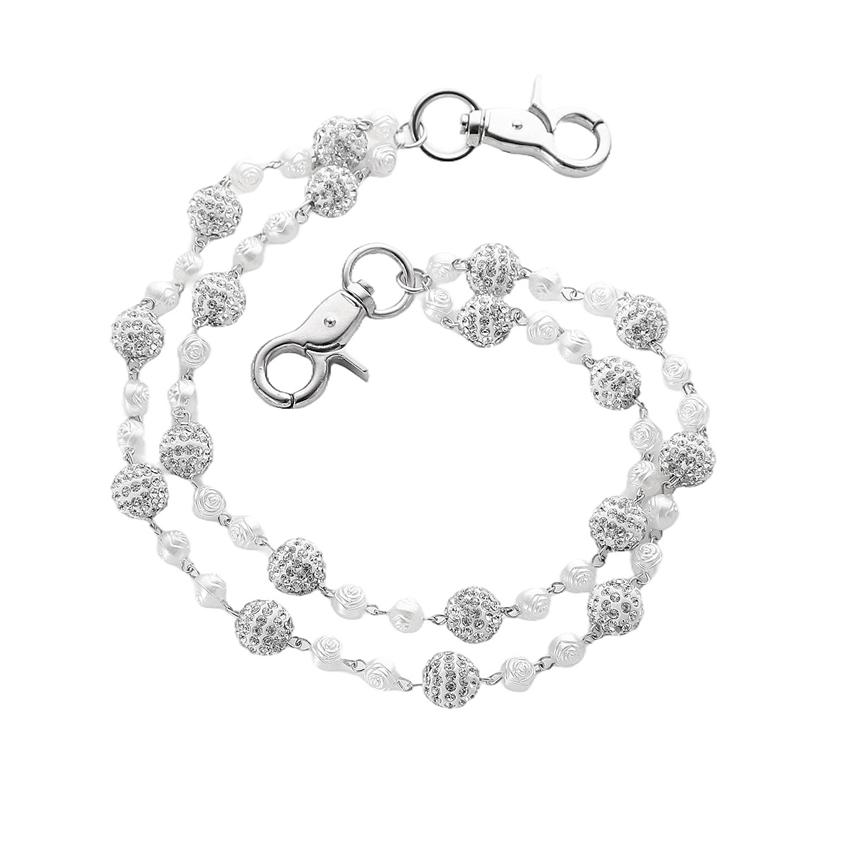 Silver and White Bling Rhinestone Beaded Wallet Chain - Double Layer Hip Hop view 4