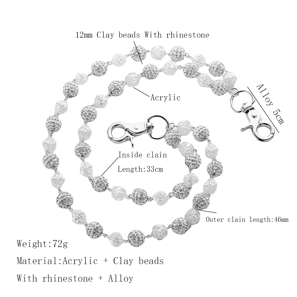 Silver and White Bling Rhinestone Beaded Wallet Chain - Double Layer Hip Hop view 2