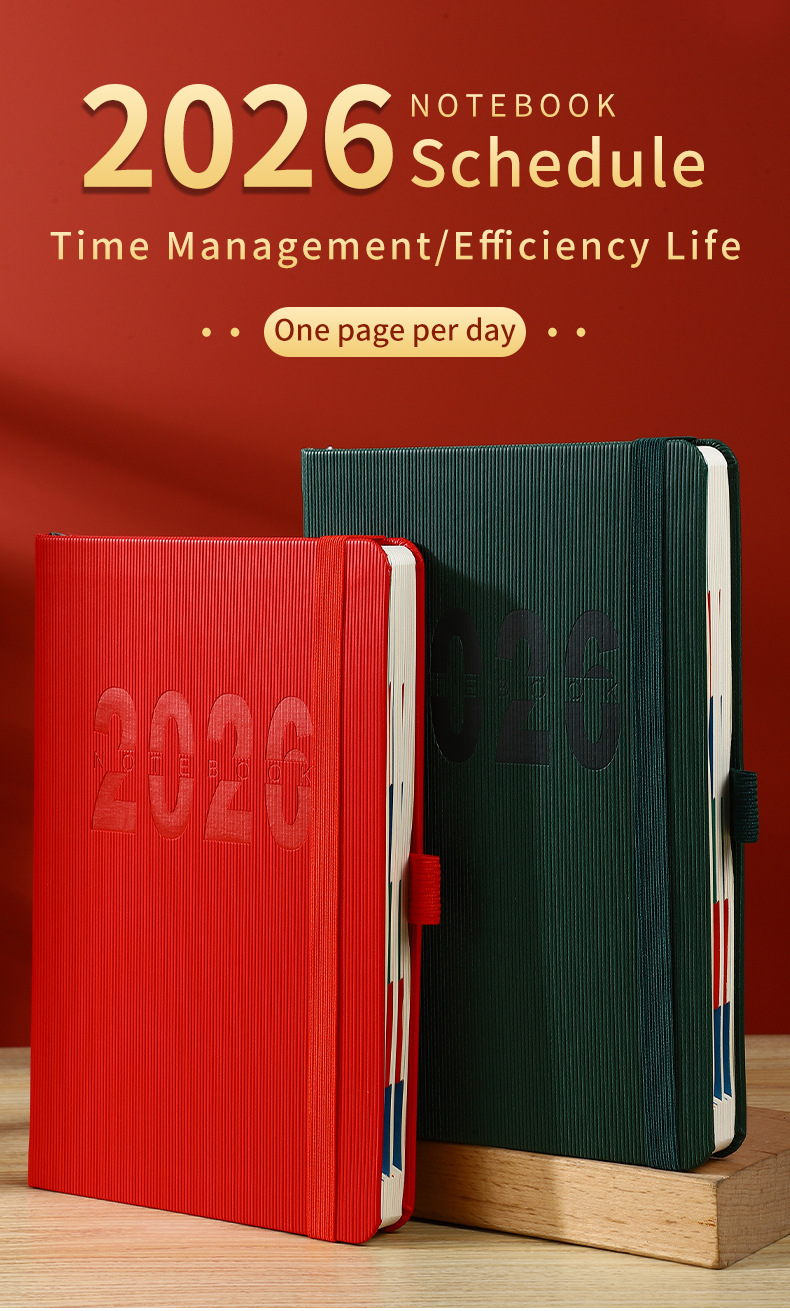 Red 2026 A5 English Daily Planner Notebook 365-Day Schedule Book for Monthly & view 2