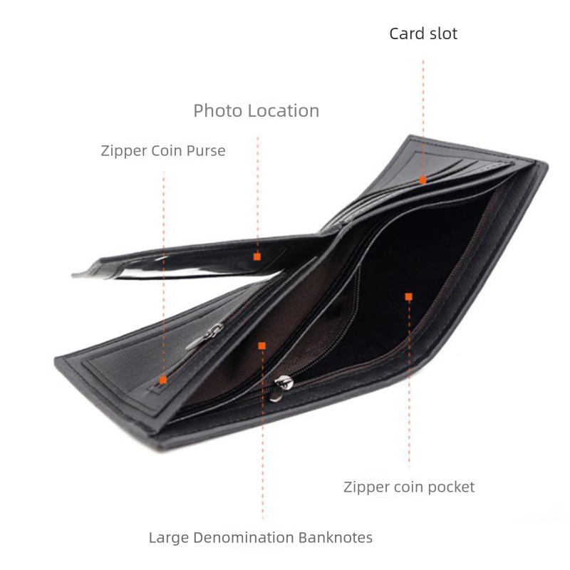 Black Men's PU Leather Bifold Wallet - Slim Short Design with Zipper Coin view 4