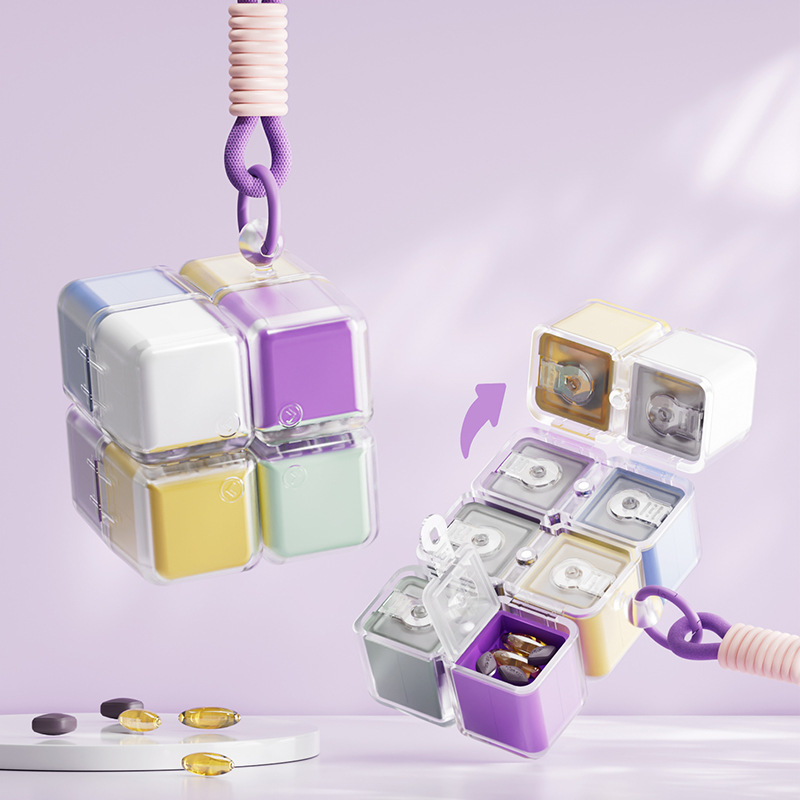 Colorful Portable Magnetic Cube Pill Organiser - 8 Compartment Weekly Medicine view 2