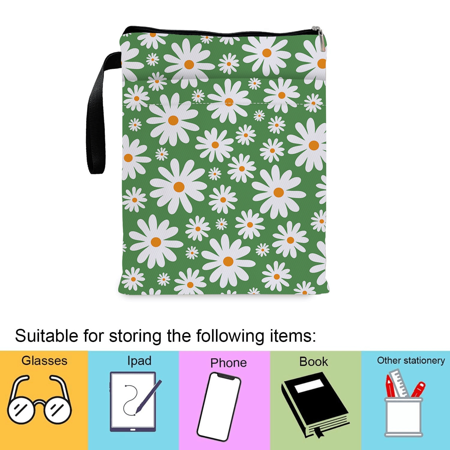 Green Floral pattern book cover with zippered pocket - Lightweight polyester view 4