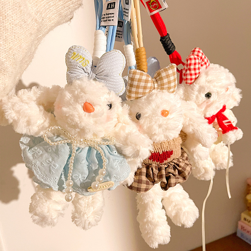 Blue Cute Floppy Eared Bunny Plush Doll with Pearl Necklace and Ribbon Dress view 4