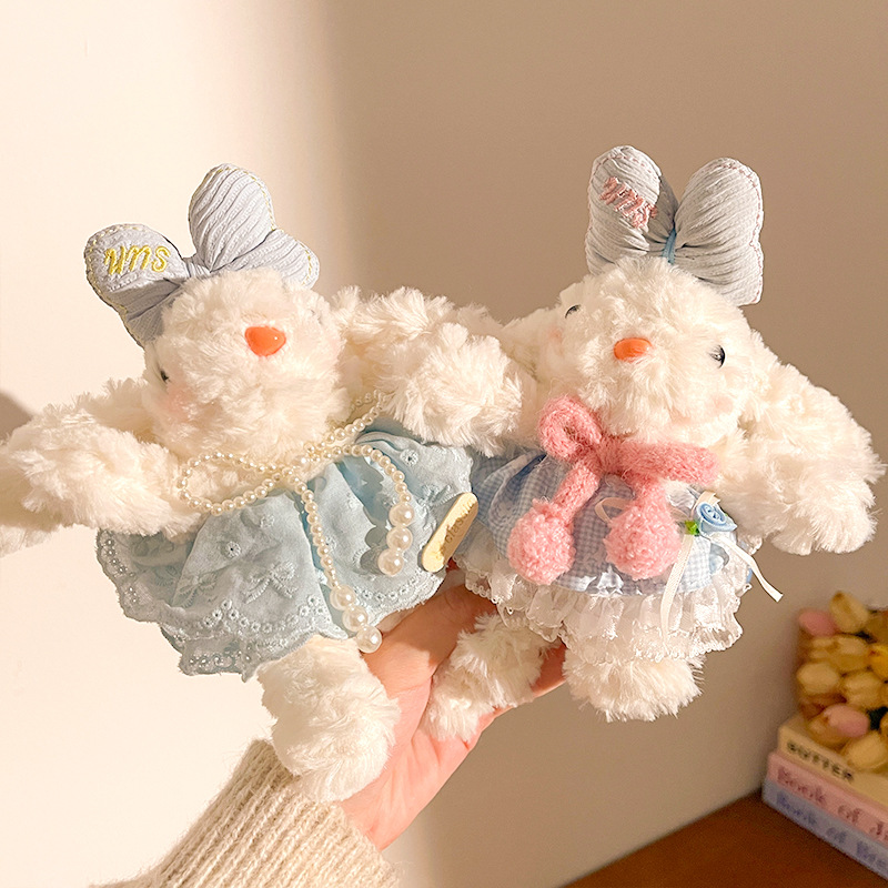 Light Pink Cute Floppy Eared Bunny Plush Doll with Pearl Necklace and Ribbon view 2