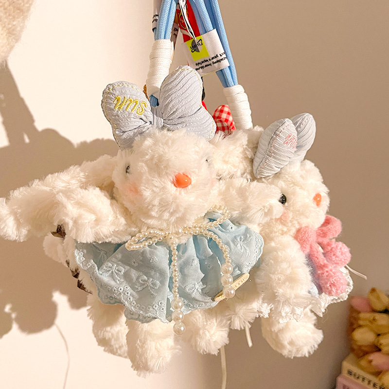 Light Pink Cute Floppy Eared Bunny Plush Doll with Pearl Necklace and Ribbon view 3