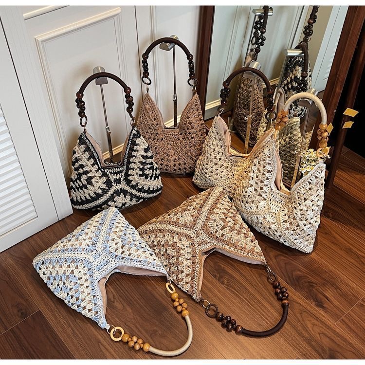 Beige and Brown Stylish Hand-Woven Paper Rope Bag – Boho Crochet Tote for view 2