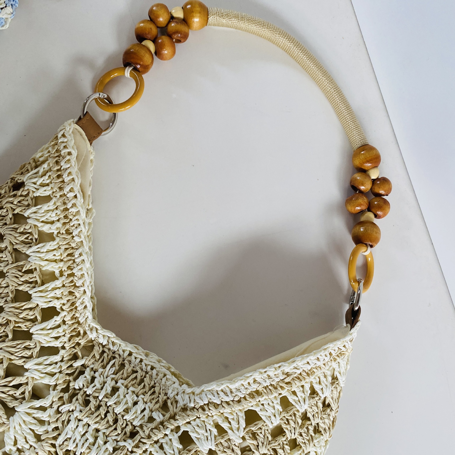 White and Beige Stylish Hand-Woven Paper Rope Bag – Boho Crochet Tote for view 3