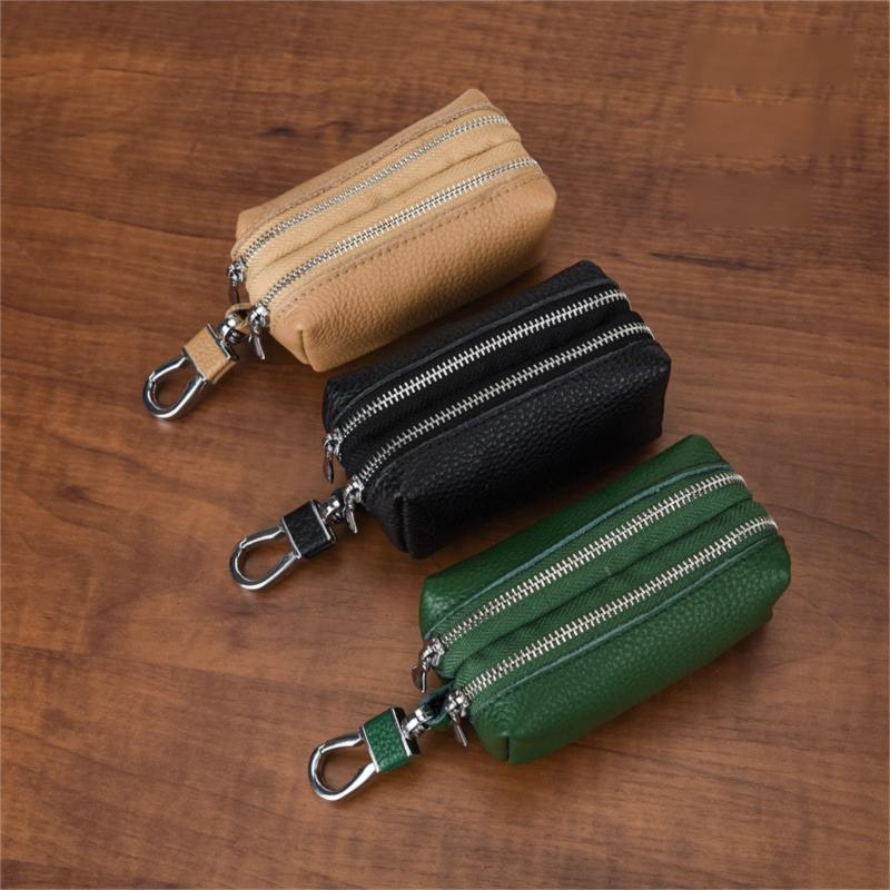 Black High-Quality Genuine Leather Key Case – Double-Layer Zippered Organizer view 2