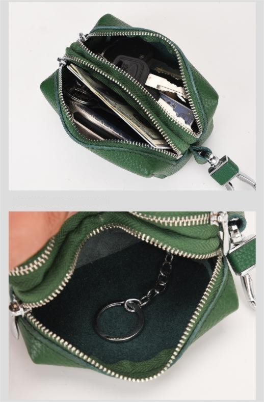 Khaki High-Quality Genuine Leather Key Case – Double-Layer Zippered Organizer view 4