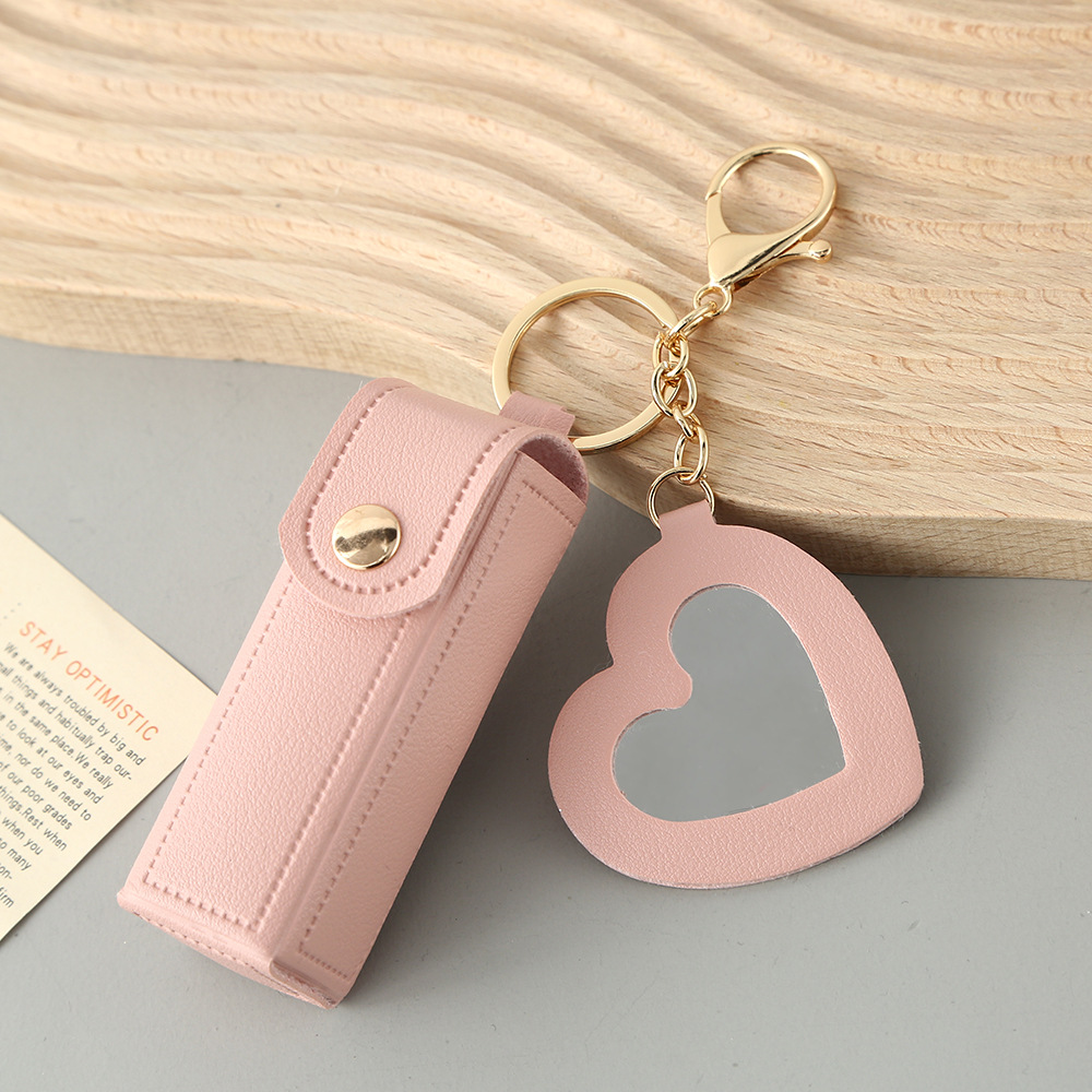 Pink Portable Lipstick Case with Heart Mirror & Keychain – Cute PU Leather — image 1