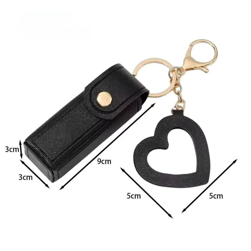 Black Portable Lipstick Case with Heart Mirror & Keychain – Cute PU Leather view 4