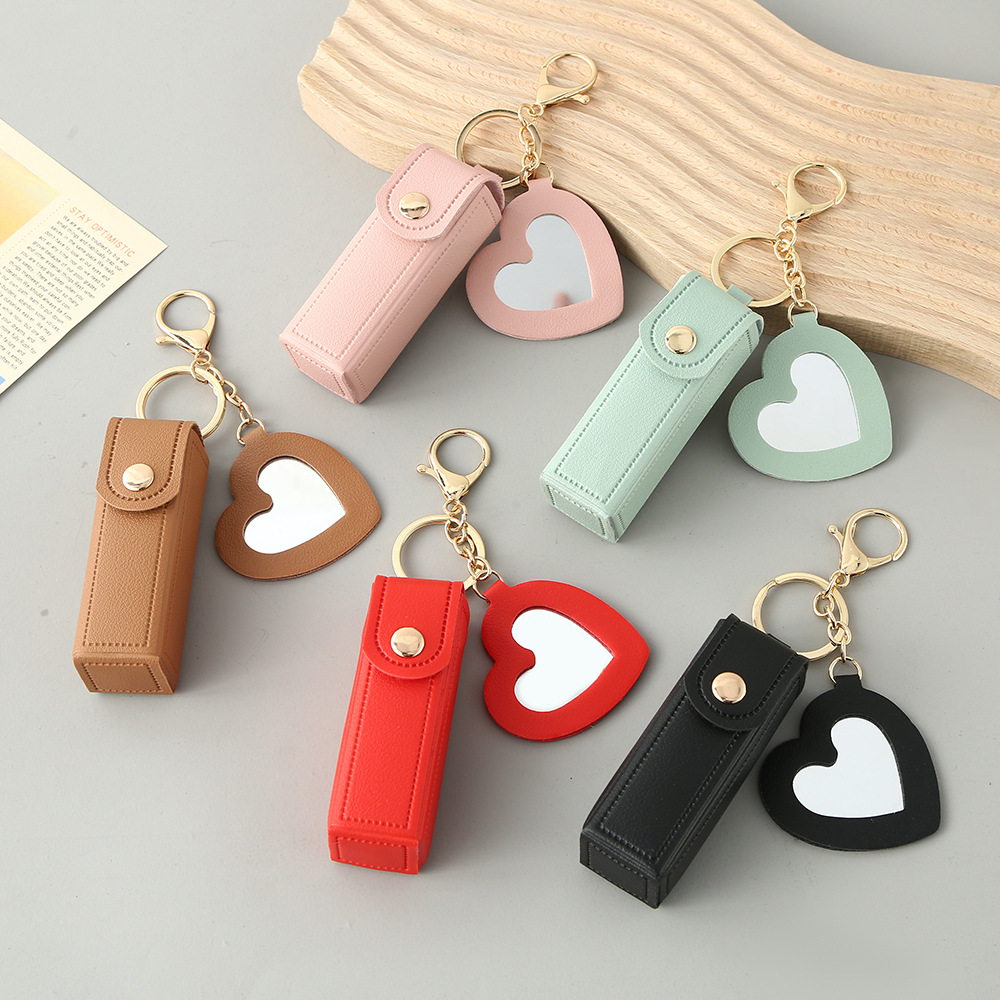Brown Portable Lipstick Case with Heart Mirror & Keychain – Cute PU Leather view 2