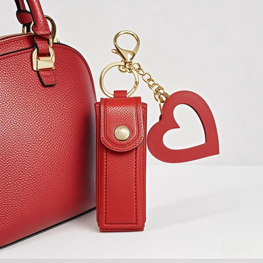 Green Portable Lipstick Case with Heart Mirror & Keychain – Cute PU Leather view 3