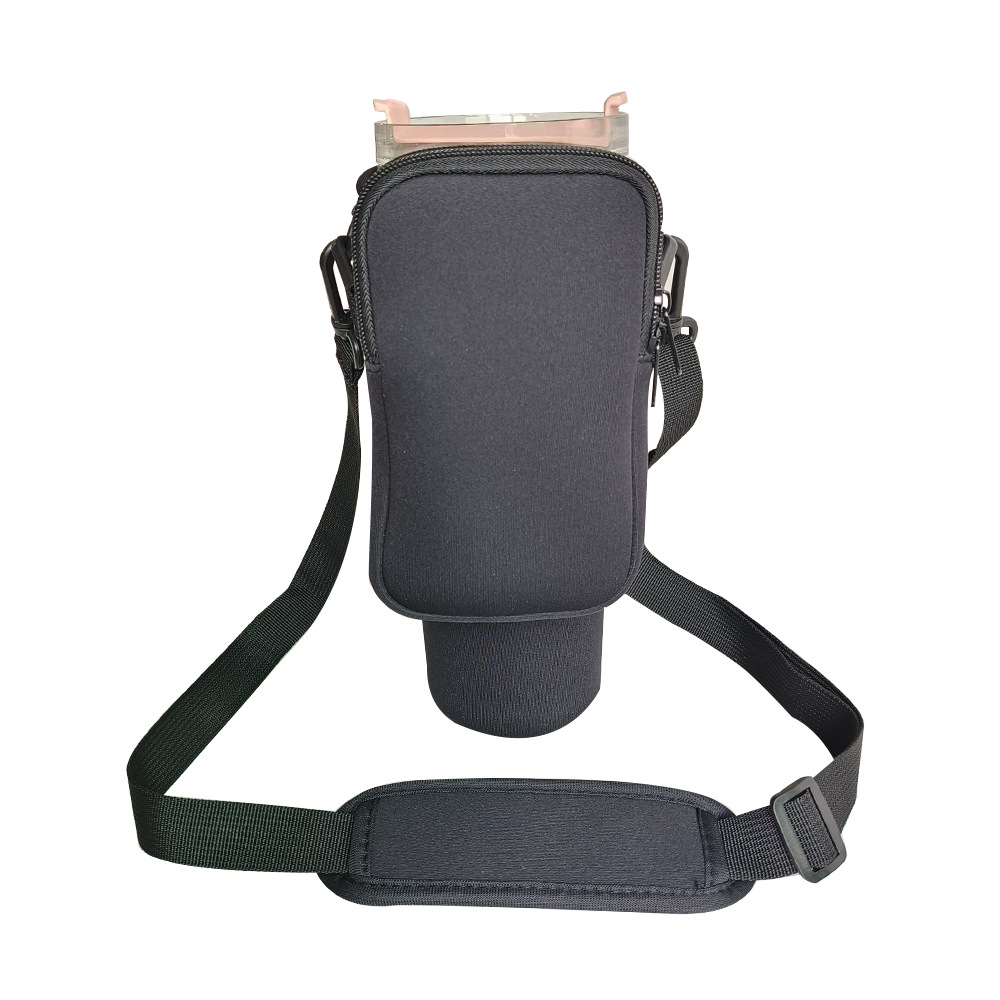 Black Crossbody Tumbler Carrier with Detachable Wallet Pouch and Adjustable Strap — image 1