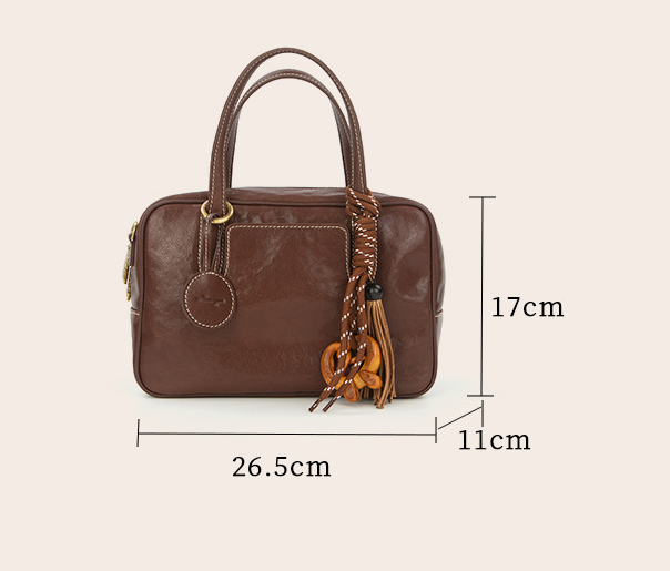 Small Size Red Vintage Genuine Split Leather Bowling Bag for Women - Retro Top view 3