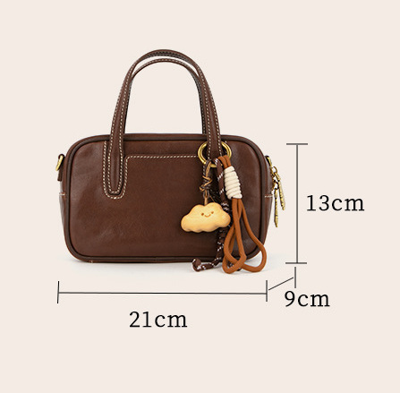 Mini Size Coffee Brown Vintage Genuine Split Leather Bowling Bag for Women view 3