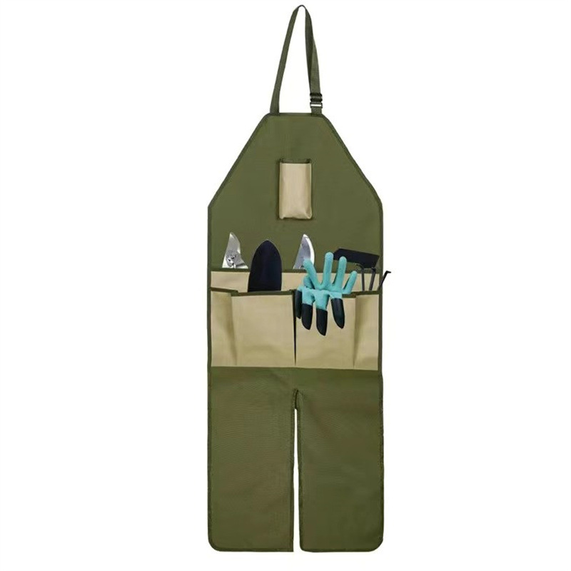 Khaki Pocket Heavy-Duty Gardening Apron with Adjustable Straps and