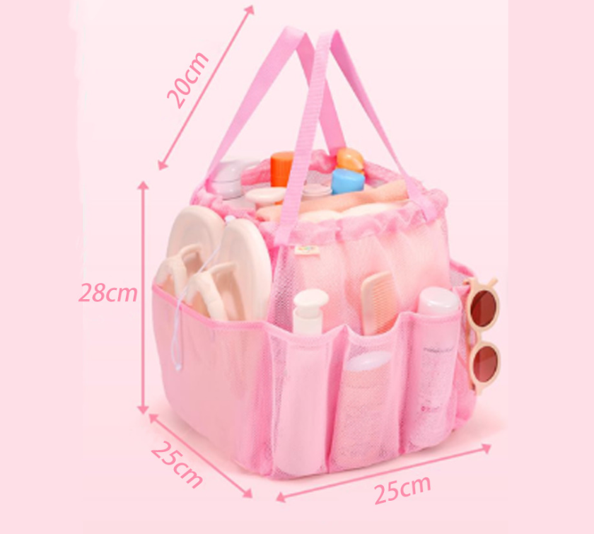 Pink Large Multi-Pocket Mesh Beach Tote Bag - Quick-Dry Travel & Gym Organizer view 3