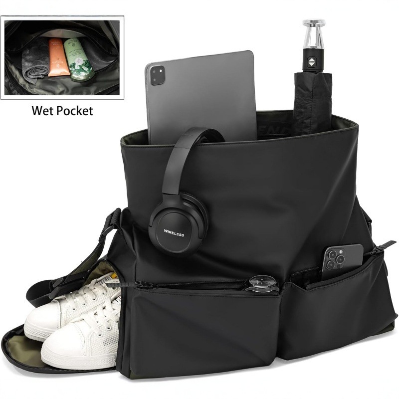 Black Large Capacity Waterproof Tote Bag - Convertible Crossbody Messenger for Gym view 2