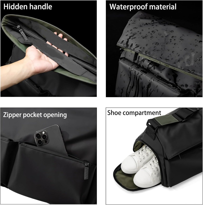 Black Large Capacity Waterproof Tote Bag - Convertible Crossbody Messenger for Gym view 3