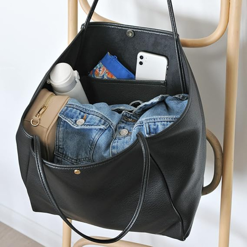 Beige Classic Oversized Tote Bag - Soft Faux Leather Shoulder Purse for Work view 3