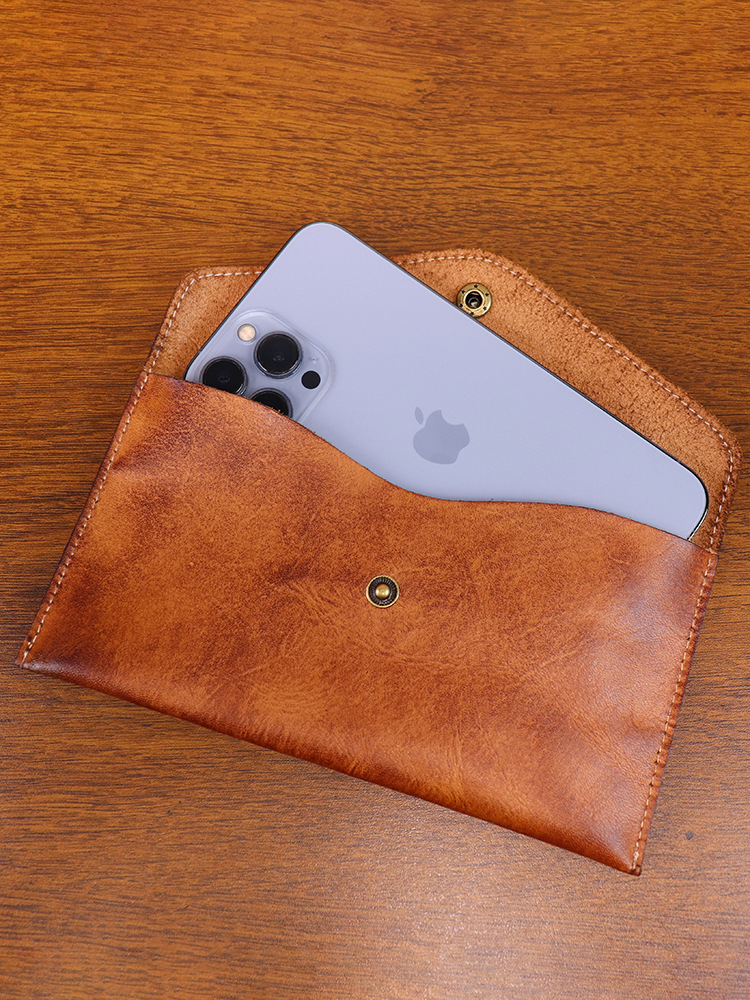 Coffee Vintage Japanese Style Full-Grain Leather Phone Wallet - Slim Envelope view 3