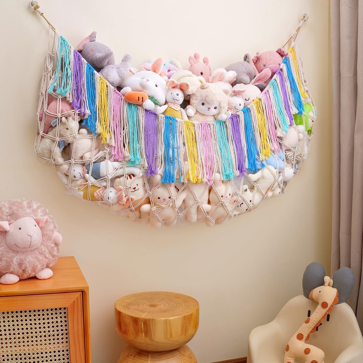 Purple Hand-Woven Cotton Rope Plush Toy Hammock - Wall Organizer with Tassels view 2