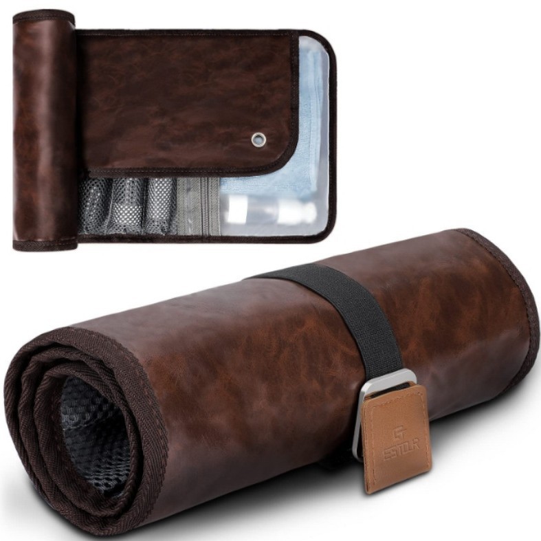 Brown Men's PU Leather Toiletry Bag - Waterproof Travel Organizer for Shaving