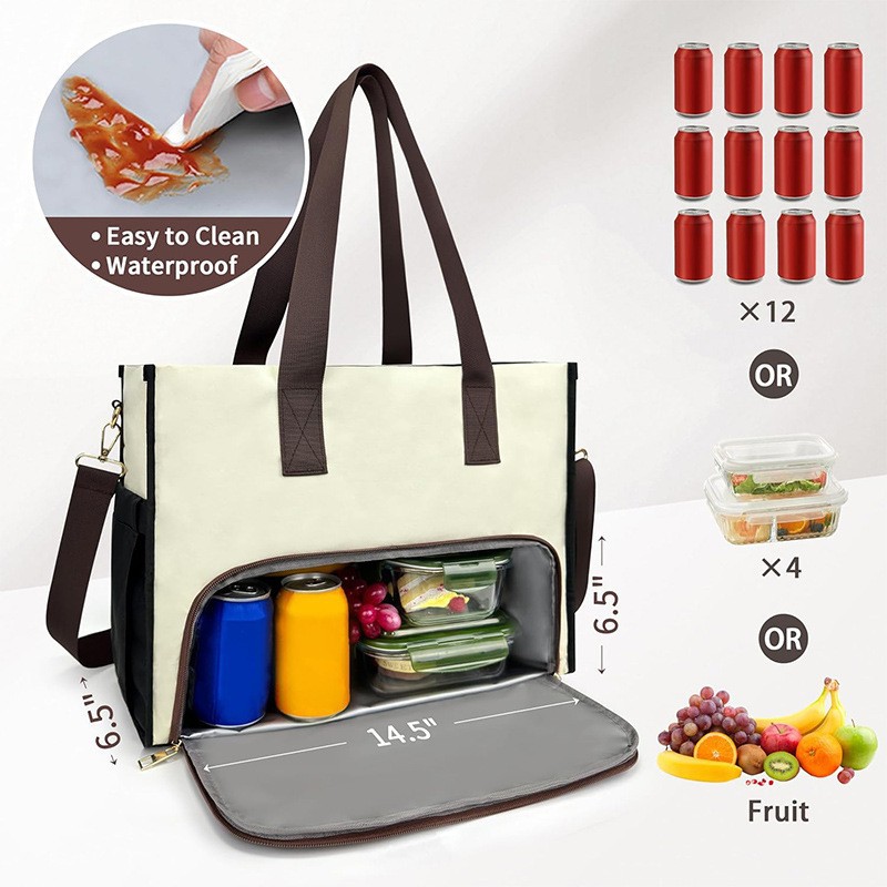 Black Large Capacity Insulated Lunch Tote Bag with Shoulder Strap Leakproof view 4