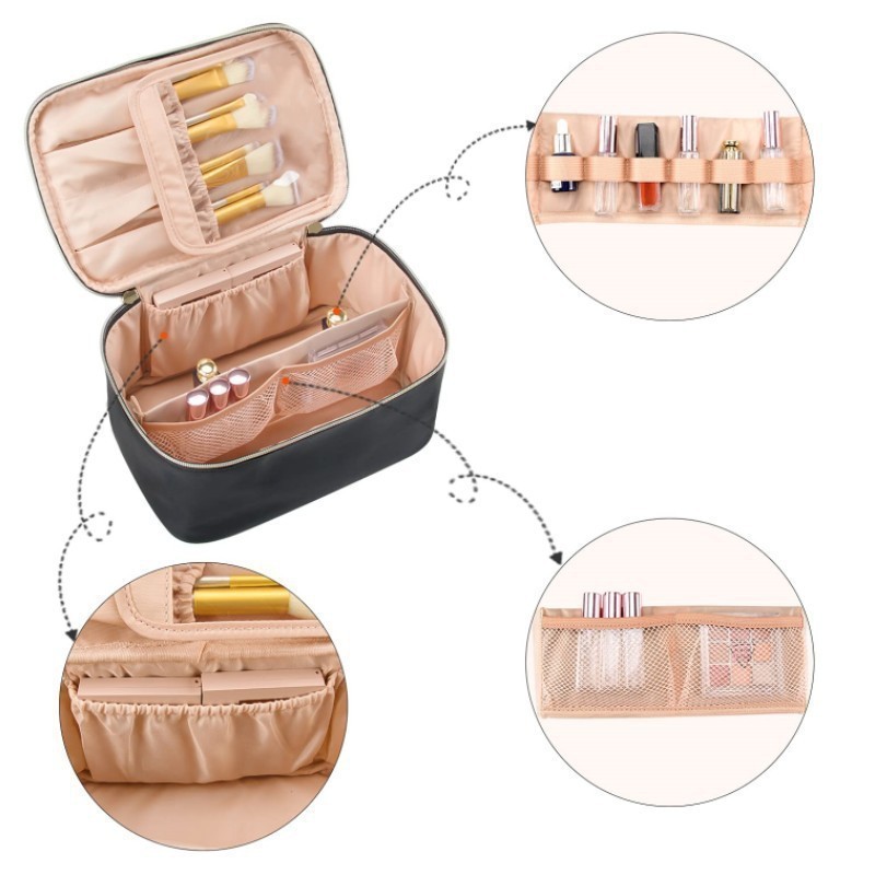 Black Large Capacity Travel Makeup Bag Portable Cosmetic Case with Handle and view 4