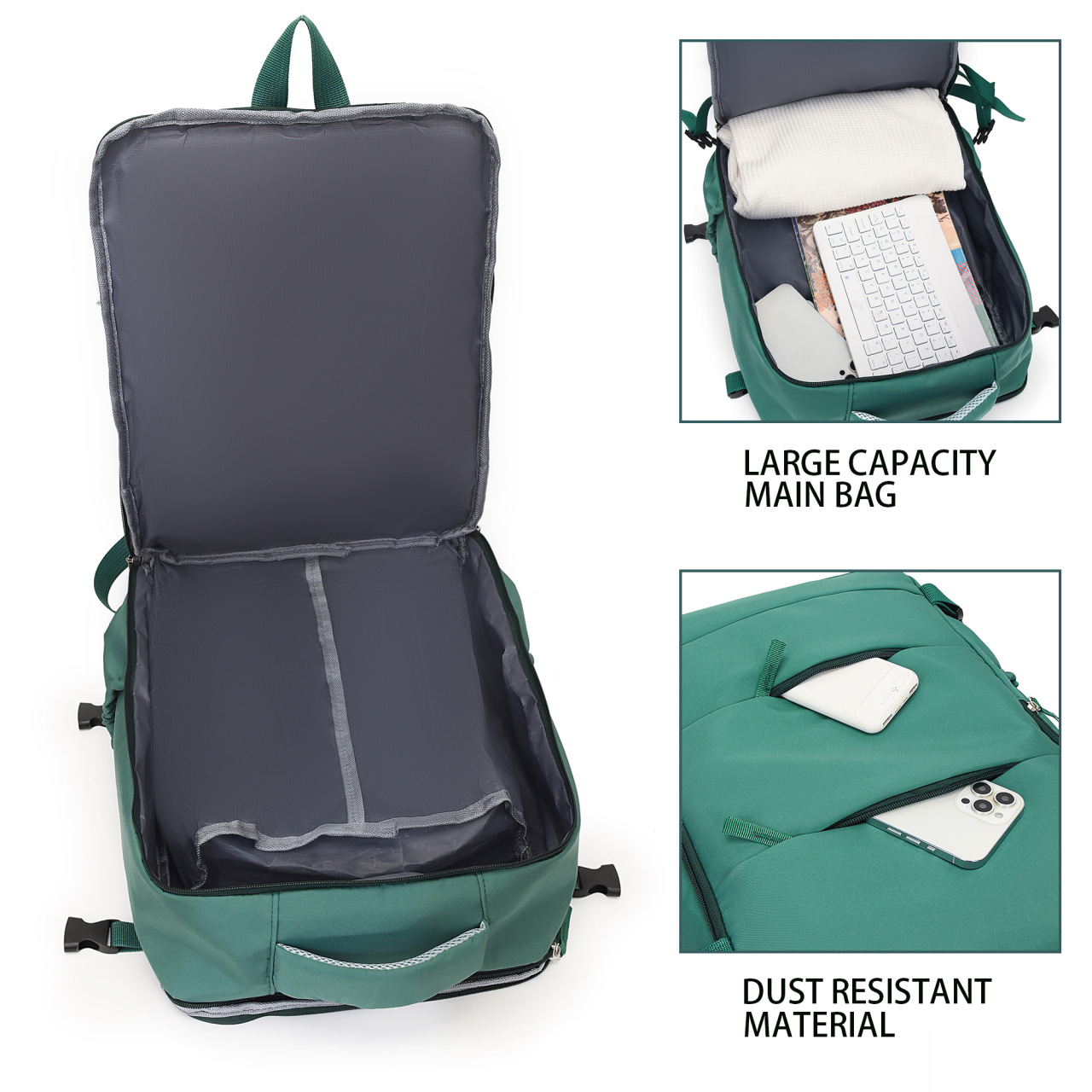 Green 25L Travel Laptop Backpack with Shoe Compartment 180 Degree Opening view 4