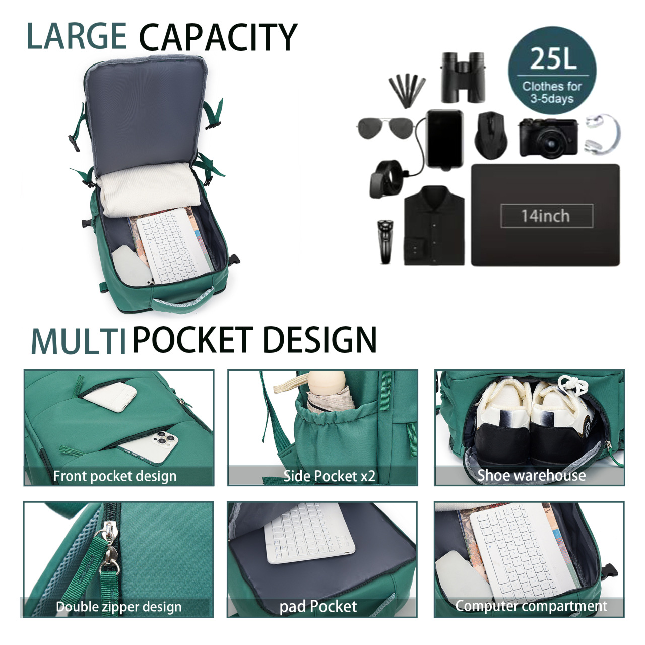 Green 25L Travel Laptop Backpack with Shoe Compartment 180 Degree Opening view 5