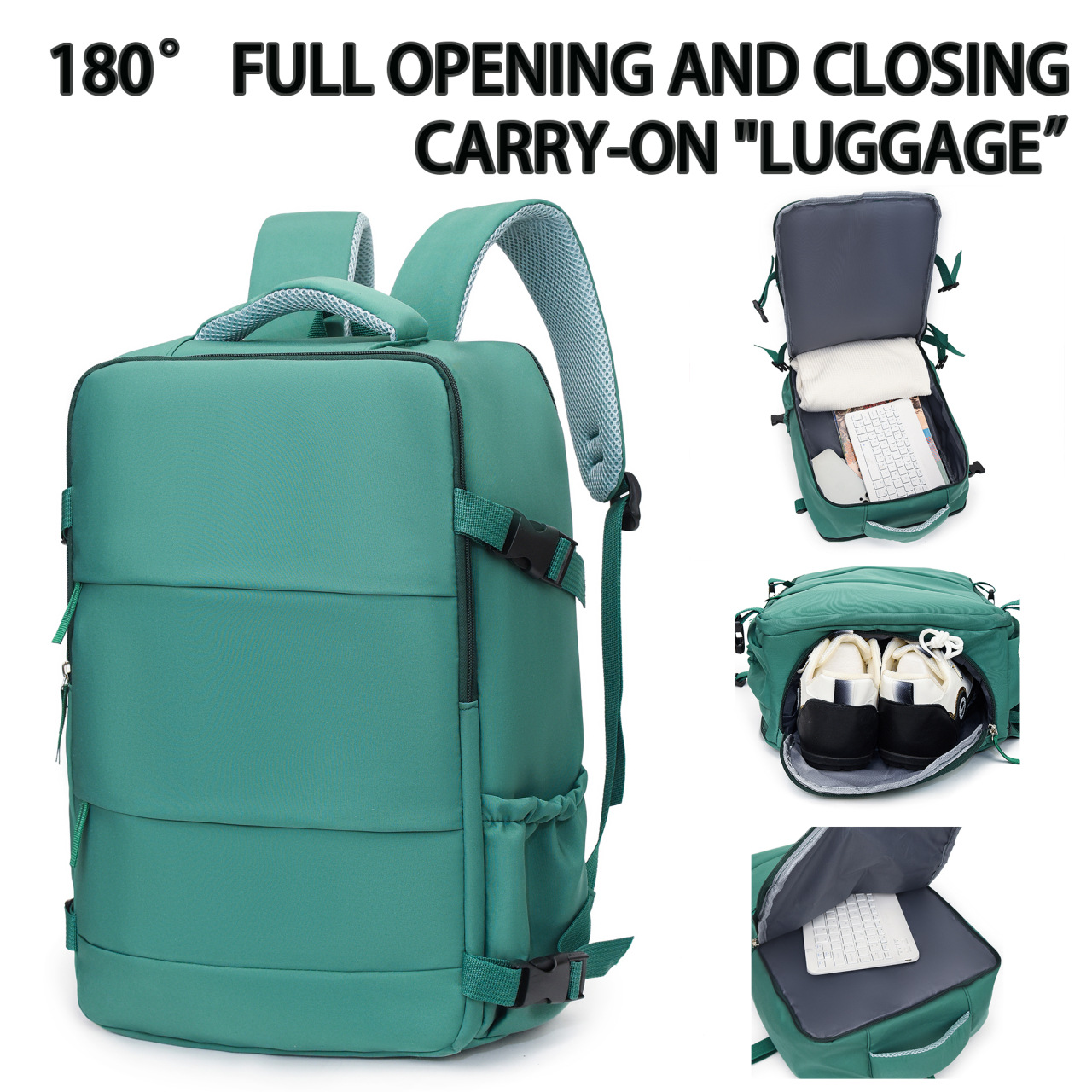 Black 25L Travel Laptop Backpack with Shoe Compartment 180 Degree Opening view 2