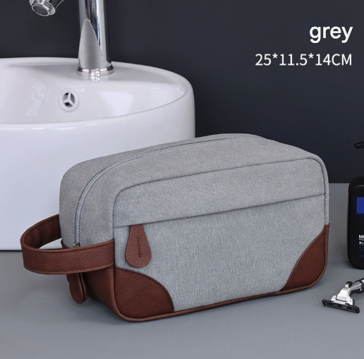 Grey Men's Vintage Canvas Toiletry Bag PU Leather Accent Travel Wash Pouch