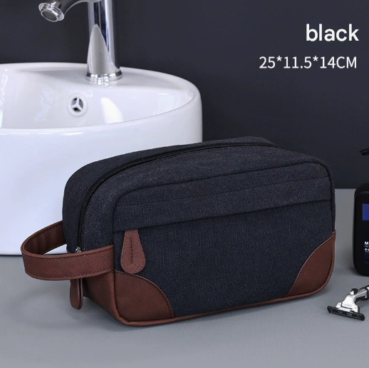 Black Men's Vintage Canvas Toiletry Bag PU Leather Accent Travel Wash Pouch