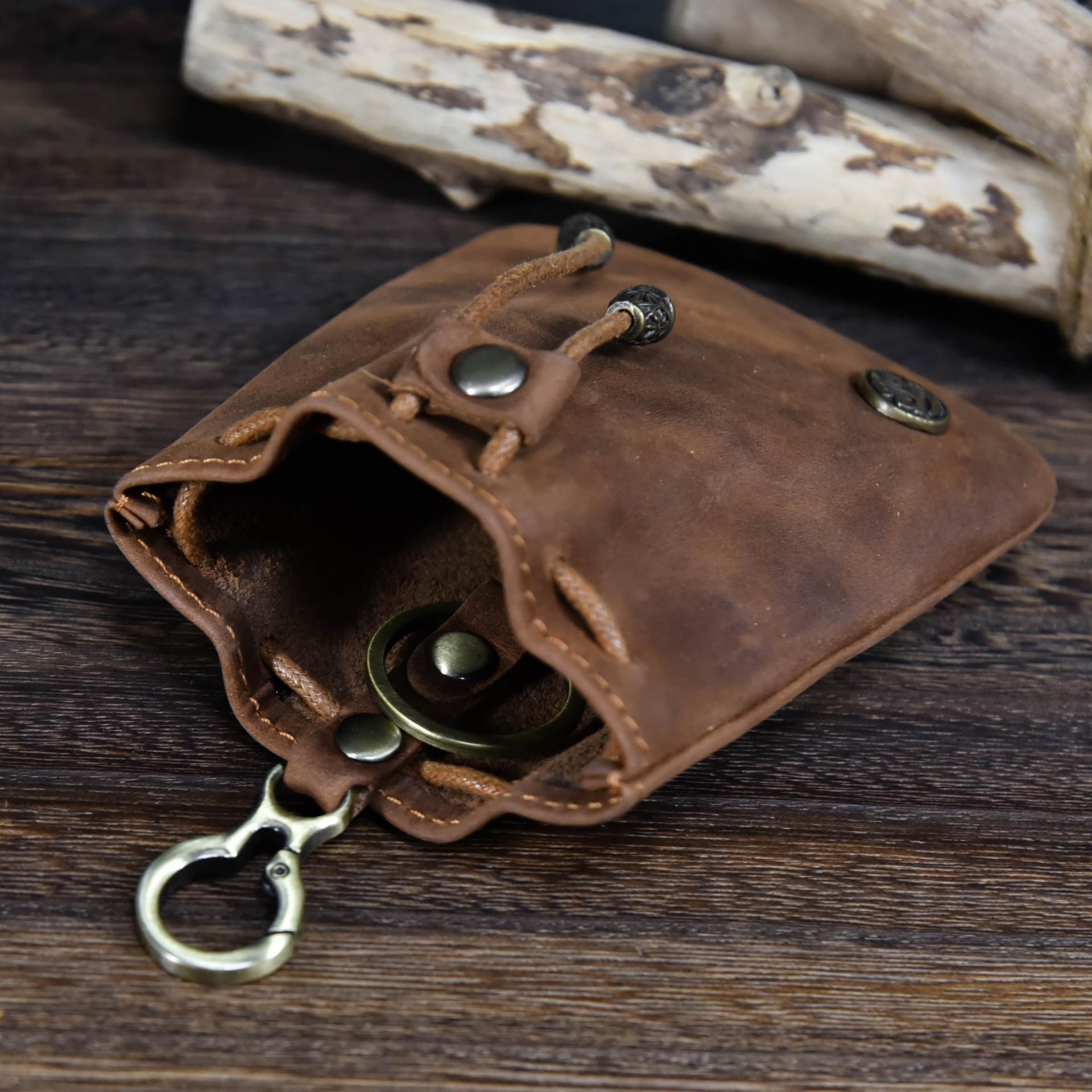 Brown Vintage Crazy Horse Leather Coin Purse Handmade Drawstring Pouch with view 2