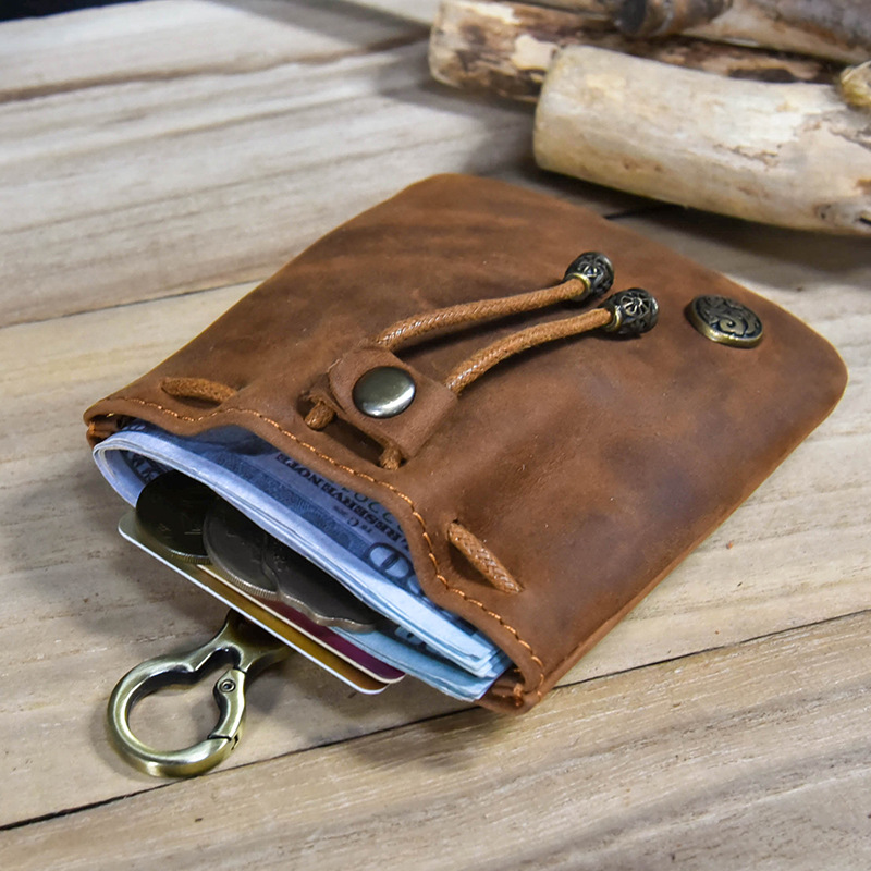 Light Brown Vintage Crazy Horse Leather Coin Purse Handmade Drawstring Pouch view 3