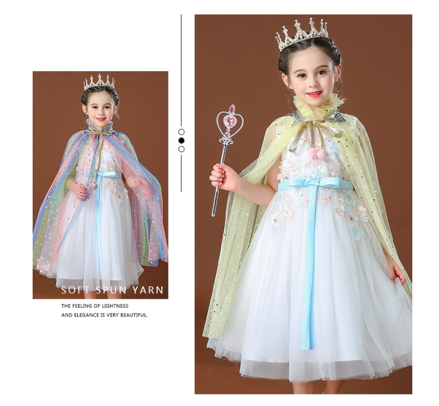 Pink Girls Rainbow Princess Costume Cape Set with Tiara Wand Gloves and view 3