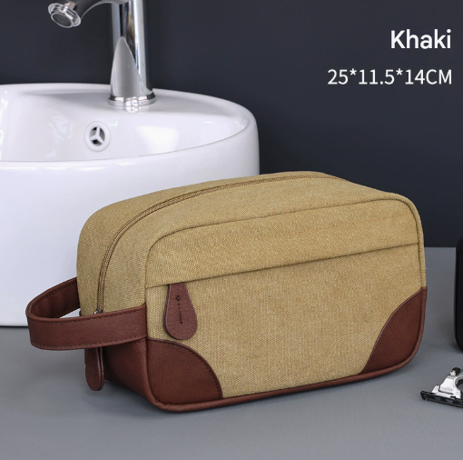 Khaki Men's Vintage Canvas Toiletry Bag PU Leather Accent Travel Wash Pouch