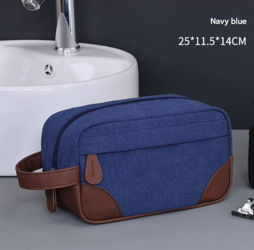 Navy Blue Men's Vintage Canvas Toiletry Bag PU Leather Accent Travel Wash