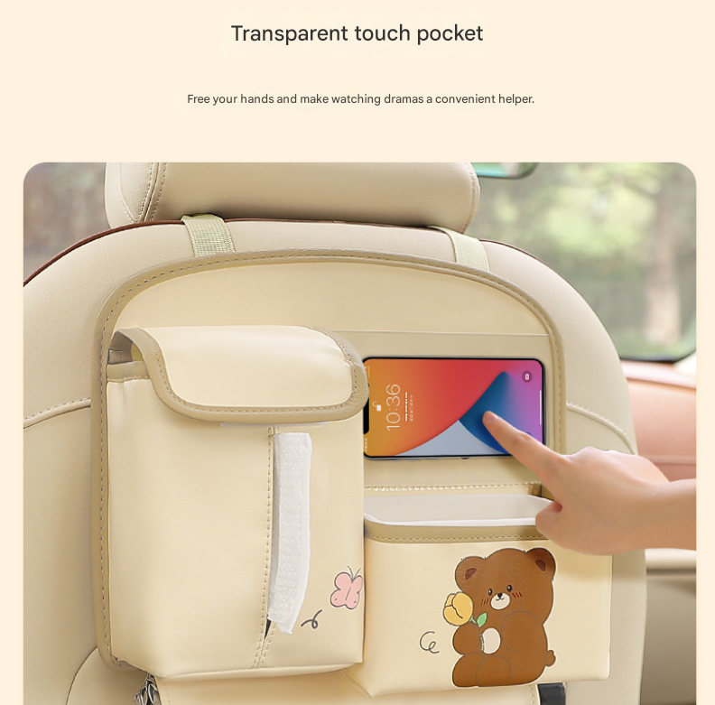 Brown Cute Bear Car Back Seat Organiser PU Leather Hanging Storage Pouch with view 3