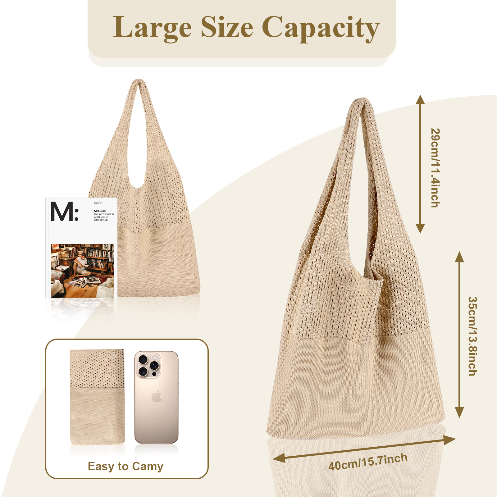 Beige Women's Large Mesh Beach Tote Bag Boho Crochet Shoulder Shopper Reusable view 2