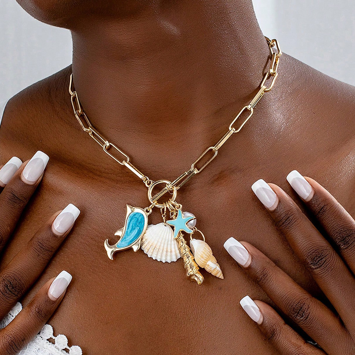 Gold Tone Paperclip Chain Toggle Necklace with Ocean Charms Dolphin Starfish view 2