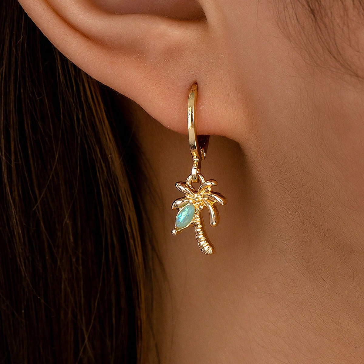 3 Pair Gold Tone Huggie Hoop Earrings Set Tropical Palm Tree Sea Turtle and view 3