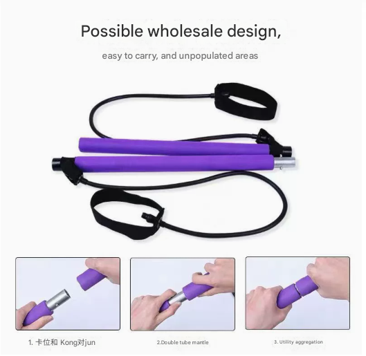 Purple Portable Pilates Bar Kit with Resistance Bands Detachable Toning Stick view 2